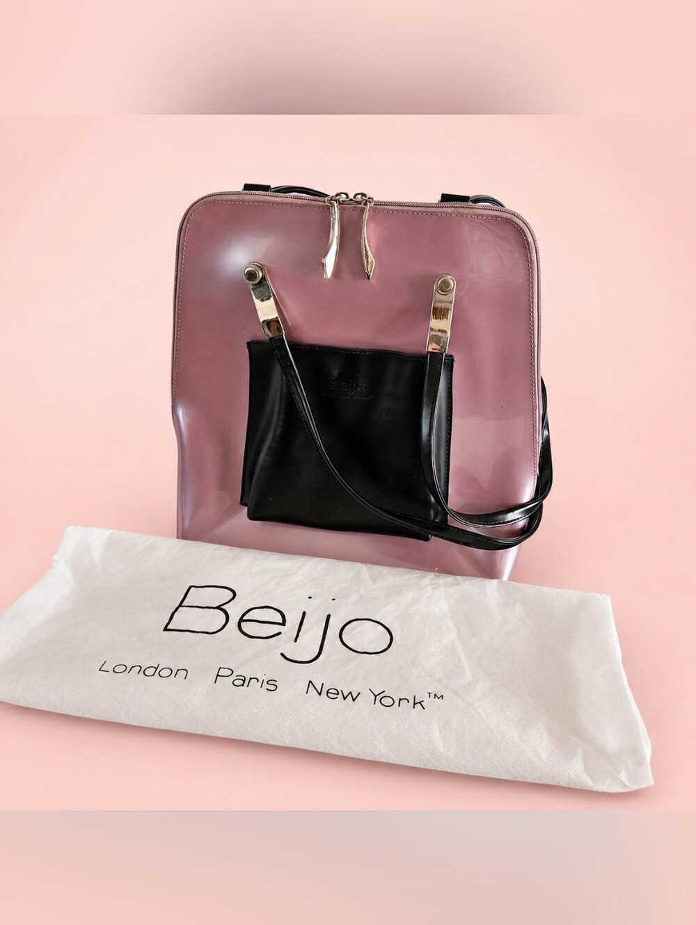 Vintage Beijo Convertible Patent Pink Black Backpack Shoulder Bag Y2K